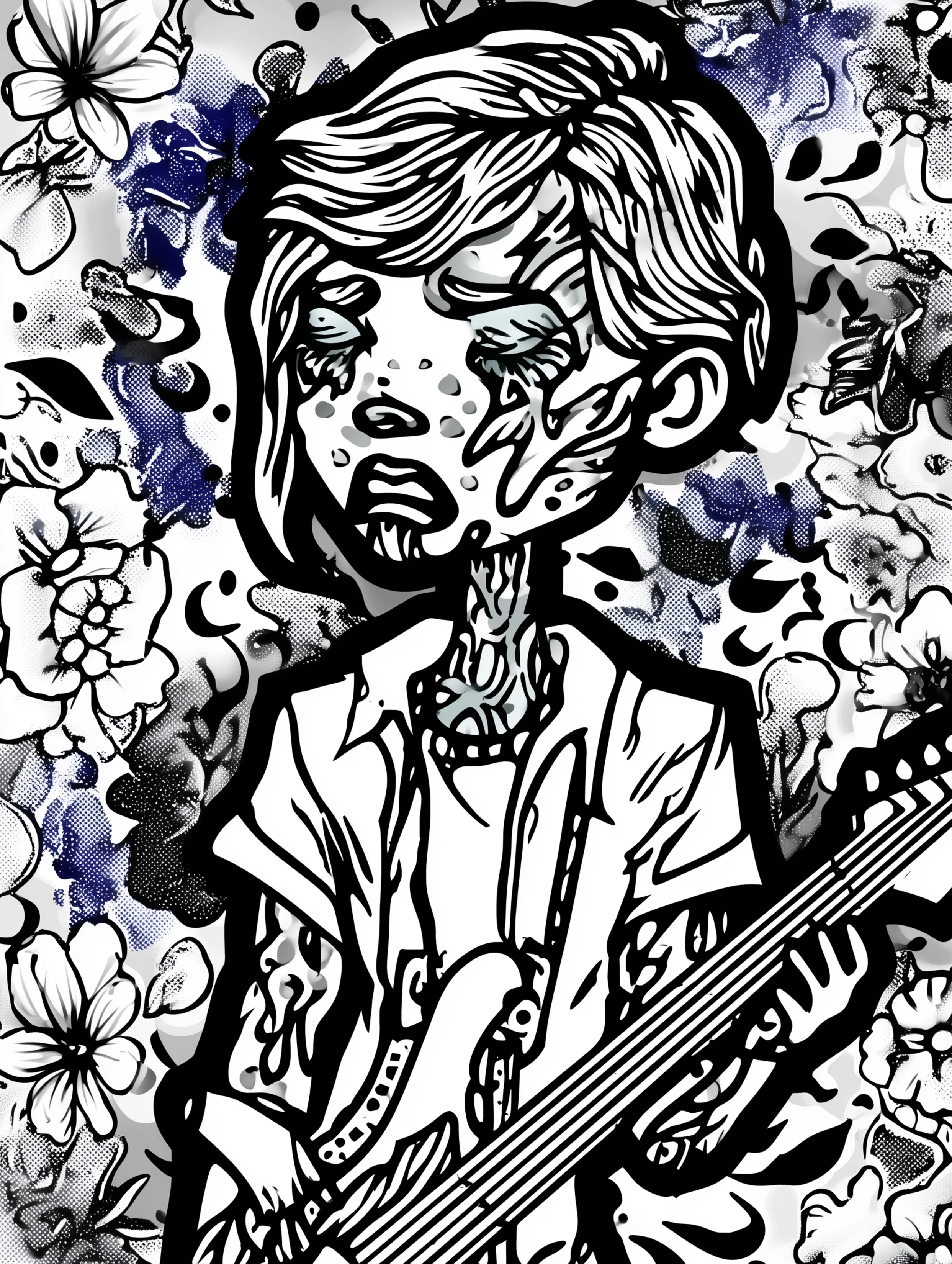 Free printable zombie coloring page for adults featuring a crying zombie musician